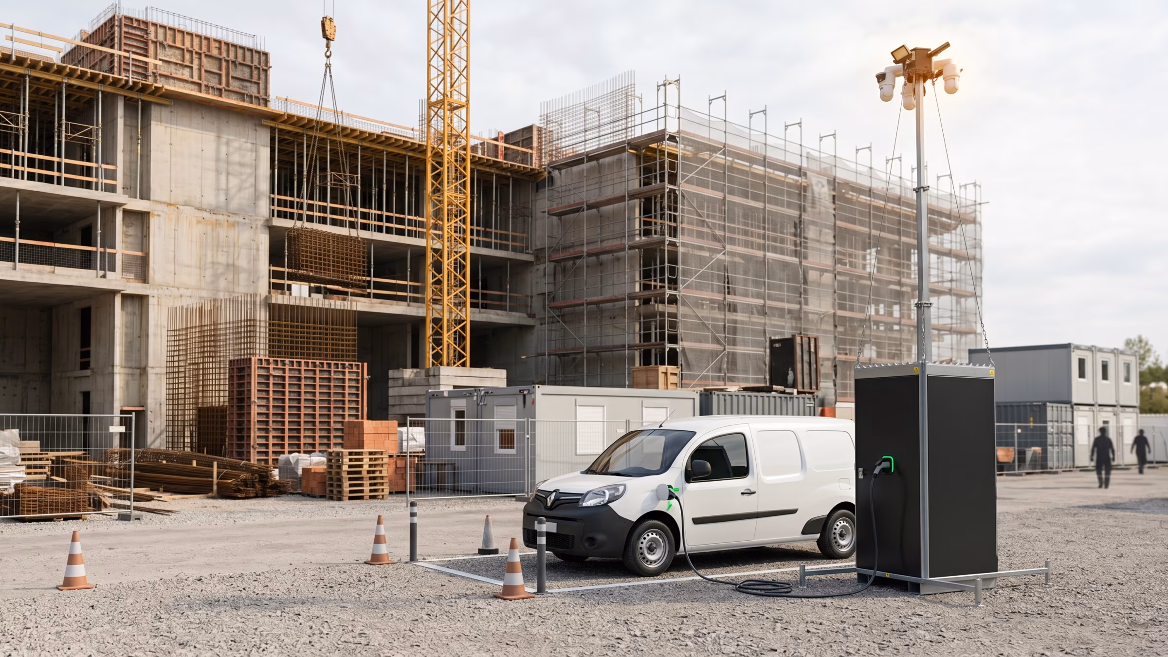E-Auto am NextGuard Turm angeschlossen – Baustromversorgung und E-Ladepunkt auf einer aktiven Baustelle