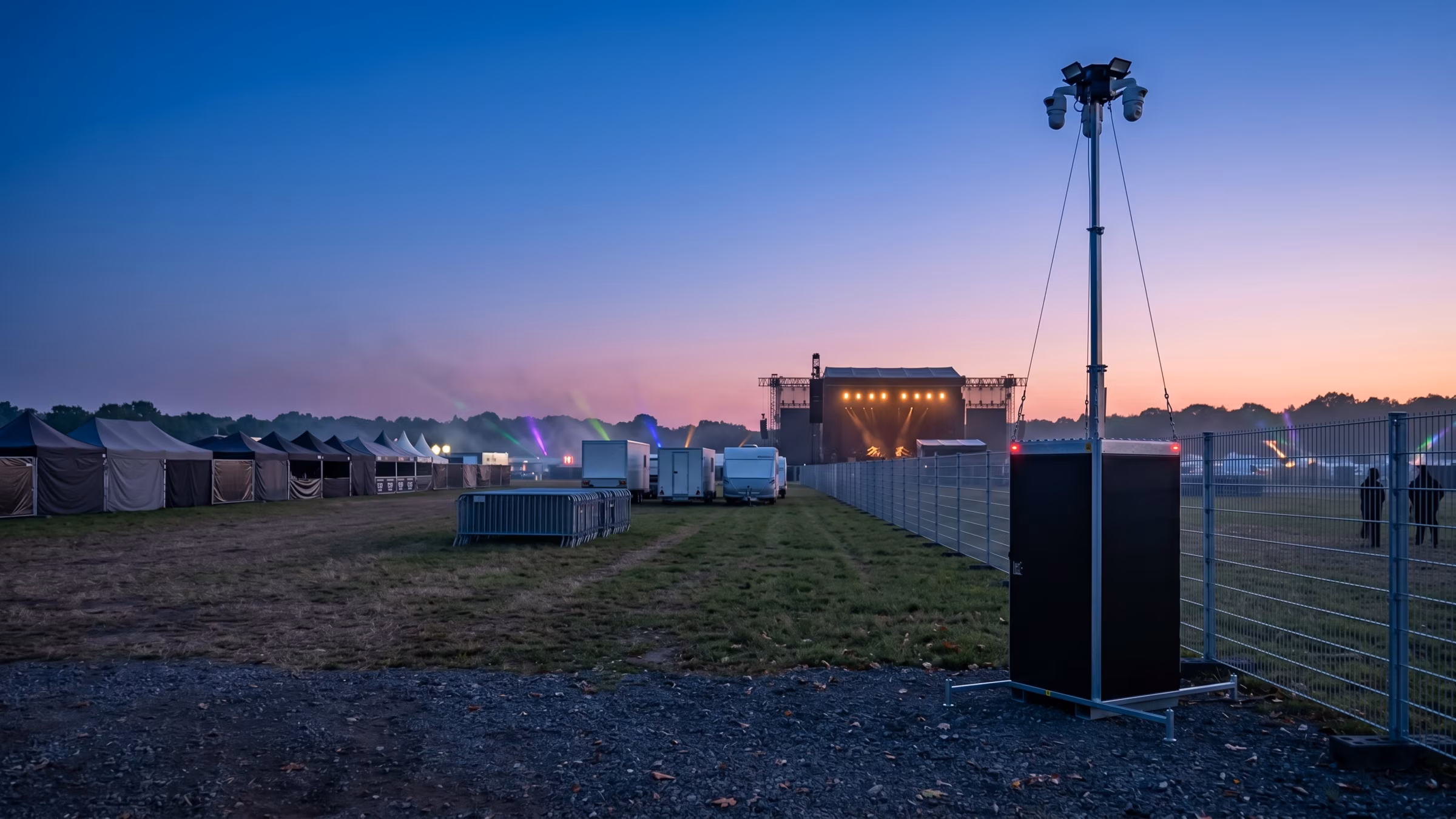 NextGuard Turm auf einem Festivalgelände in der Abenddämmerung am Zaun