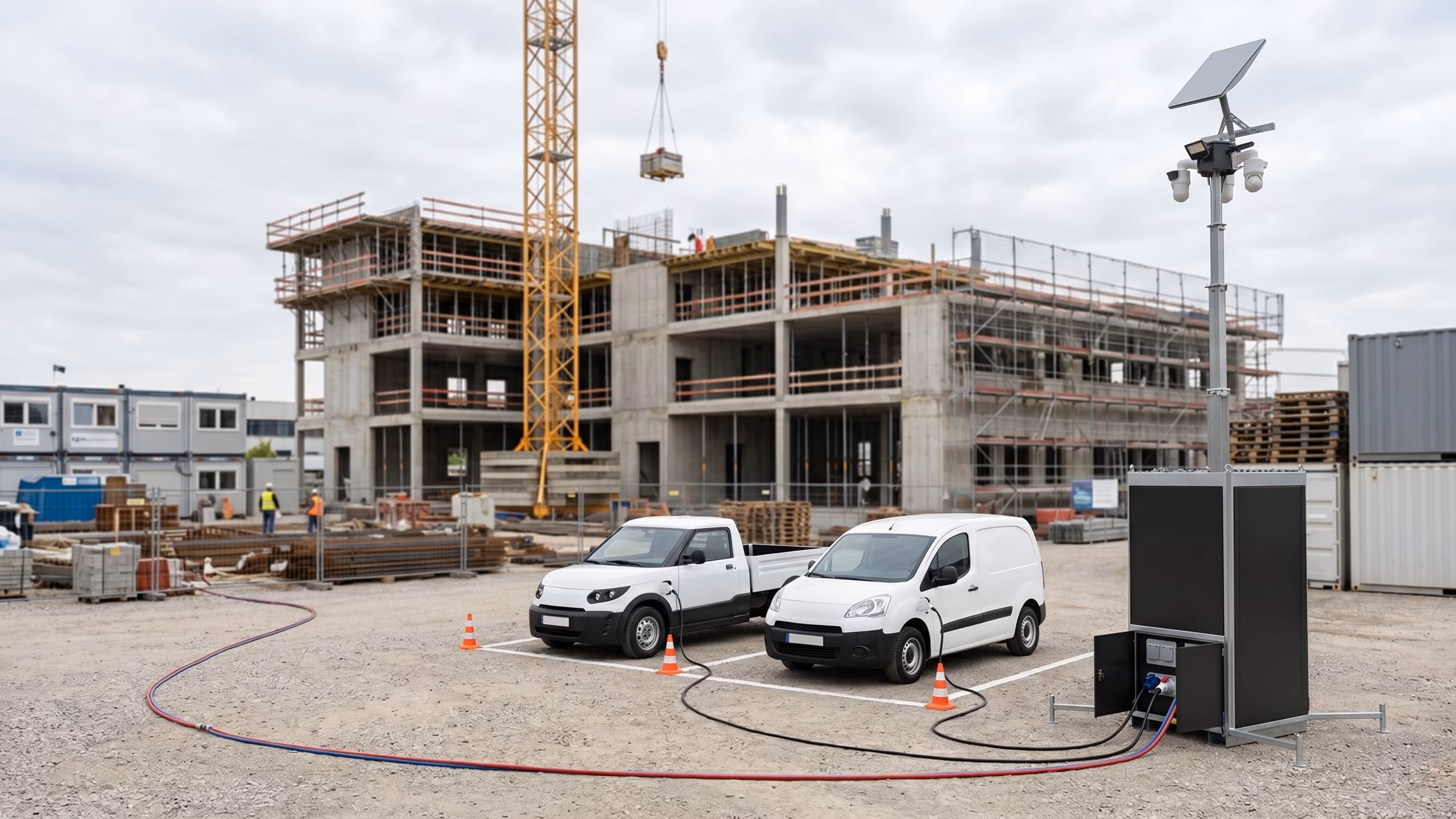 NextGuard Turm auf einer Baustelle, beschriftet mit den Hauptfunktionen